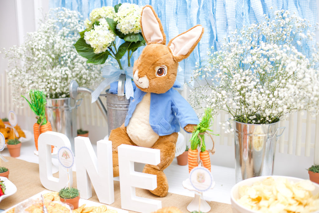 peter rabbit themed first birthday party decor