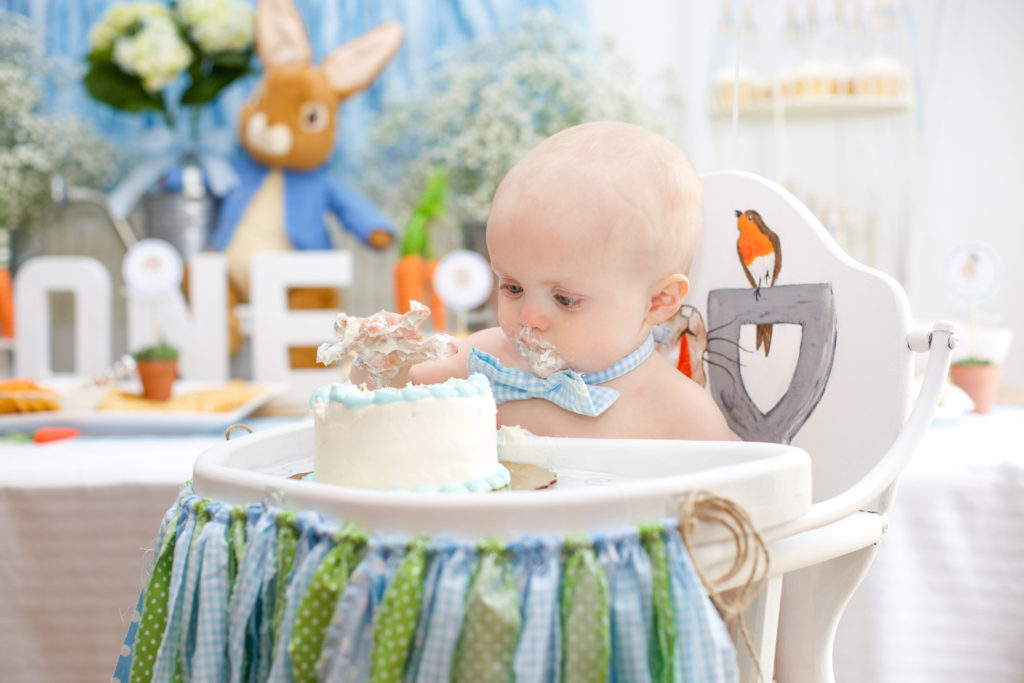 peter rabbit themed first birthday party cake smash