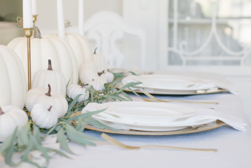 neutral fall tablescape white pumpkins