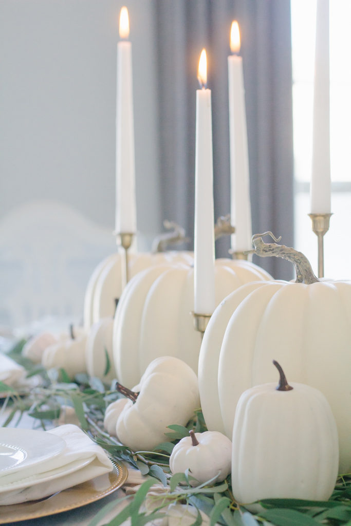 neutral fall tablescape white pumpkins