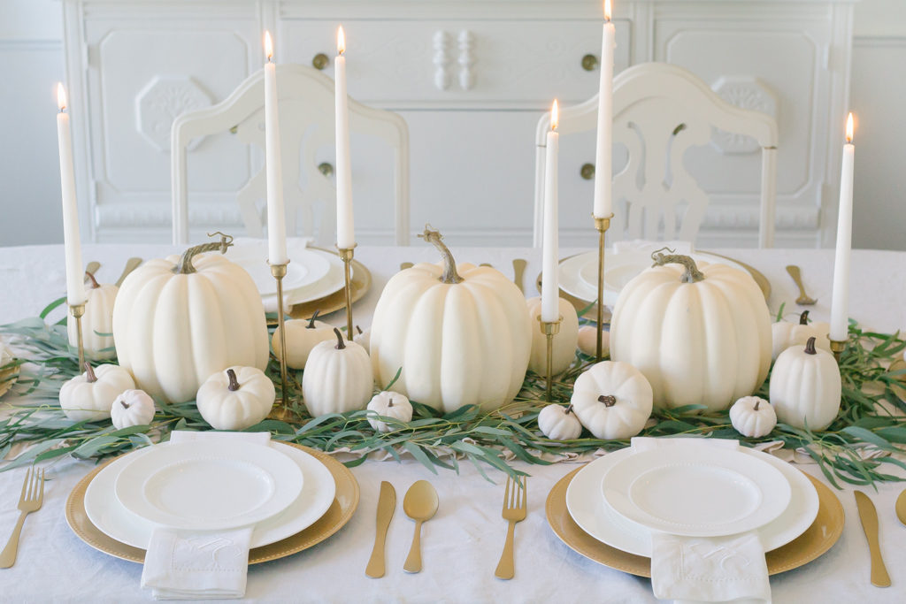 neutral fall tablescape white pumpkins