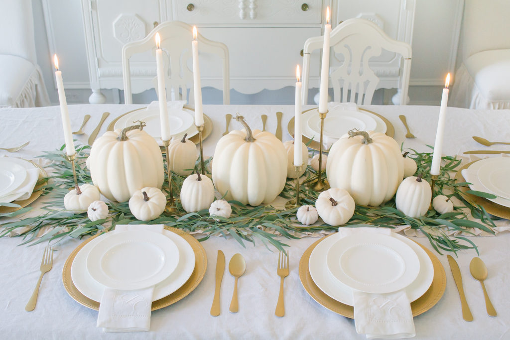 neutral fall tablescape white pumpkins