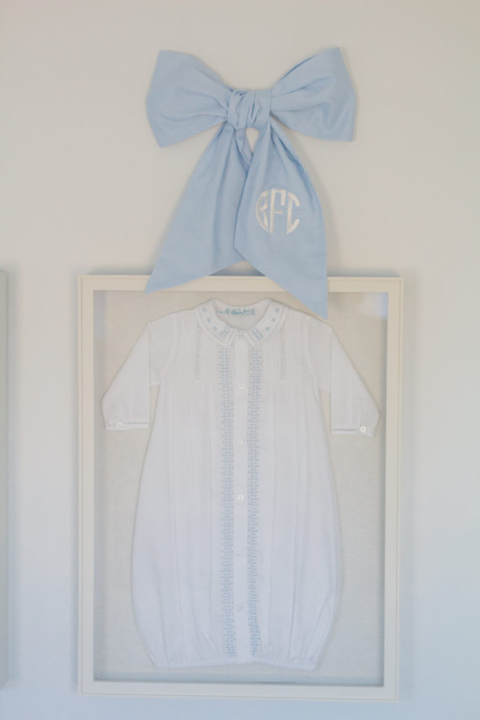 traditional blue and white nursery bow swaddles and gown