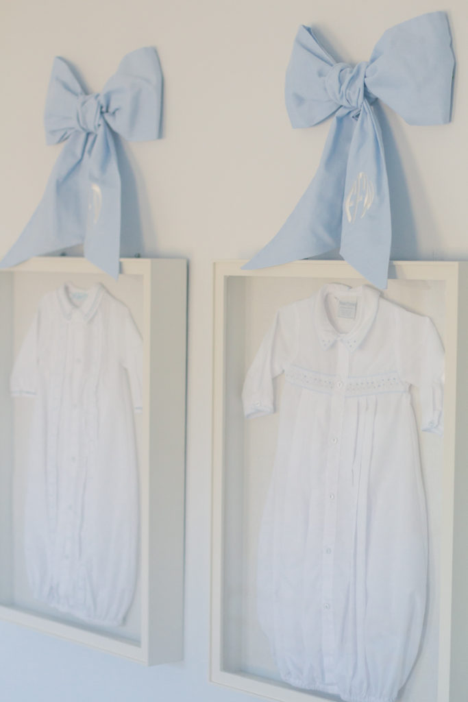 traditional blue and white nursery bow swaddles and gown