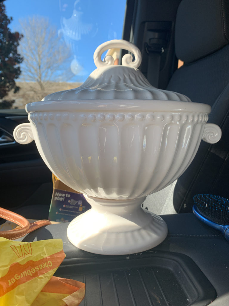 white ceramic tureen bought at a thrift store 