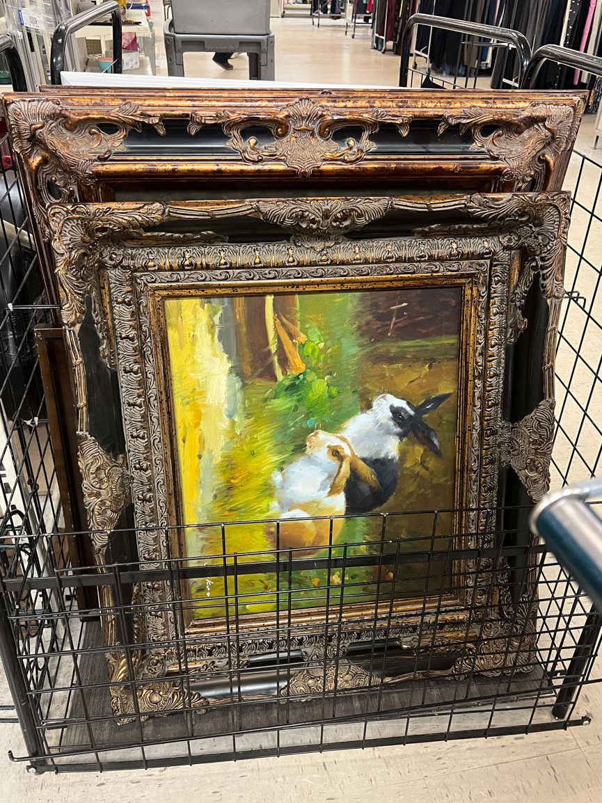 thrift store framed oil painting of bunnies