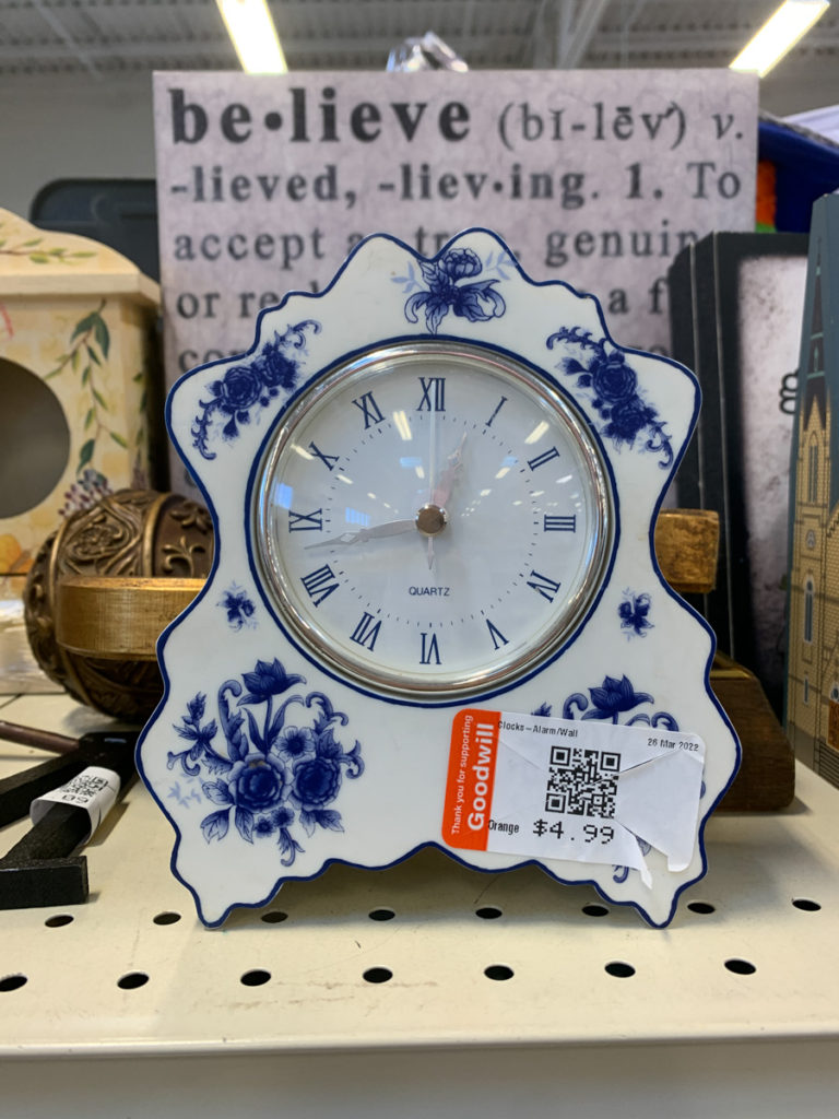 thrift store blue and white clock