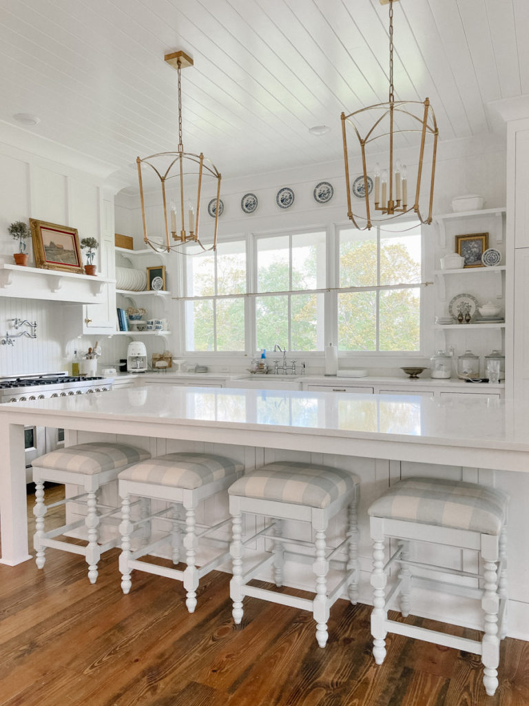 barstool makeover after sea salt painted barstools at a white kitchen island 