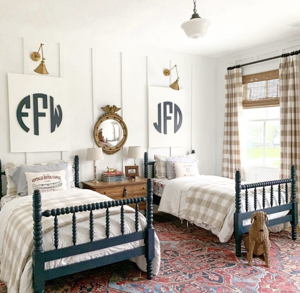 diy monogram wall art hanging above two twin beds in a shared boys room is an easy diy wall decor idea