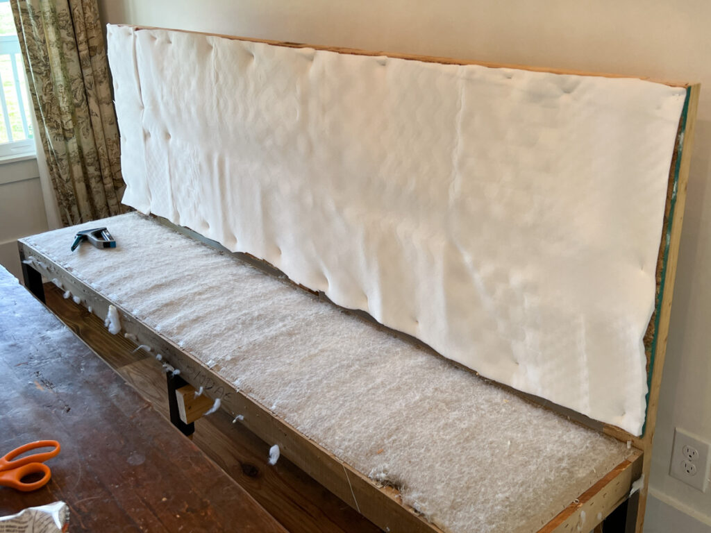 the construction process of a DIY banquette bench 