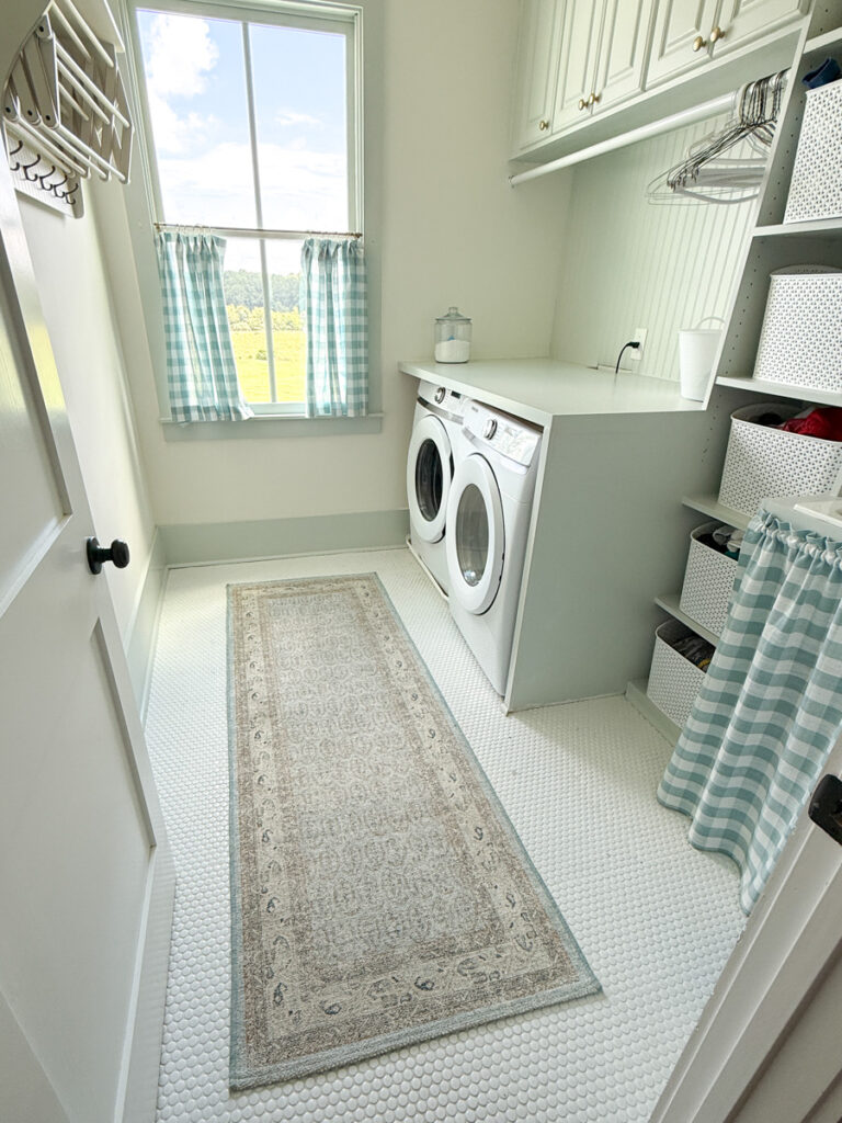 affordable light blue paisley rug in a laundry room